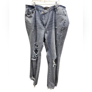 FASHIONNOVA DISTRESSED HIGH RISE WIDE LEG CROSSOVER WAISTBAND DENIM JEANS